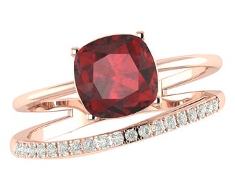 Natural Cushion Cut Red Garnet Engagement Ring In 14K Solid Rose Gold,Double Bands Garnet & Diamond Ring,Perfect January Birthstone