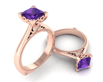 Vintage Princess Shape Natural Amethyst Engagement Ring In 14K Solid Rose Gold,Amethyst & Diamond Women's Ring,Perfect February Birthstone