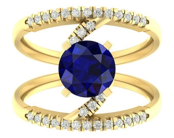 2.3Ct Blue Sapphire Ring | Blue Sapphire Engagement Ring | 14K Yellow Gold Sapphire Ring  | Blue Sapphire & Diamond Ring | Anniversary Rings