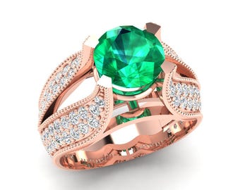 2.2Ct Lab Grown Emerald Engagement Ring In 14K Solid Rose Gold | Round Shape Emerald & Diamond Wedding Ring | Emerald Anniversary Rings