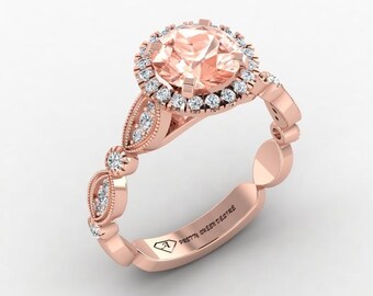 Natural Morganite Engagement Ring In 14K Solid Rose Gold | Filigree Morganite & Diamond Wedding Ring | Morganite Anniversary Rings