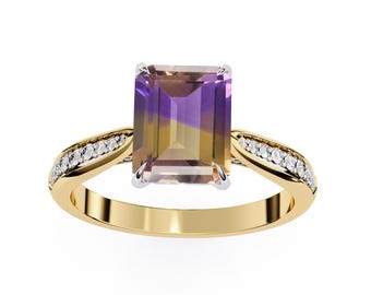 3.2Ct Natural Ametrine Engagement Ring | 14K Yellow Gold Ametrine Ring | Ametrine & Diamond Ring | Bio-Colour Ametrine Ring | Promises Ring