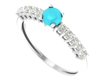 Unique Round Shape Turquoise Engagement Ring In 14K Solid White Gold | Solitaire Turquoise & Diamond Wedding Ring | Gifts For Mother