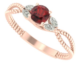 Natural Round Cut Red Garnet Engagement Ring In 925 Sterling Silver | Unique White Topaz Wedding Ring  | Anniversary Ring | Minimalist Ring