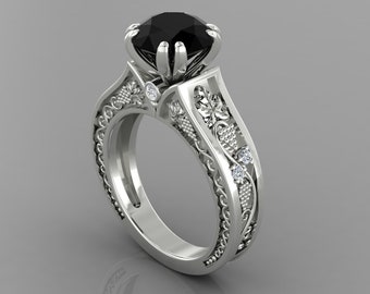 Solitaire Black Onyx Engagement Ring In 14K Solid White Gold | Vintage Black Onyx & Diamond Ring | Anniversary Ring | Promise Ring