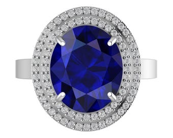 4.20Ct Oval Shape Lab Grown Blue Sapphire Engagement Ring In 14K Solid White Gold,Blue Sapphire & Diamond Double Halo Ring,Anniversary Gifts
