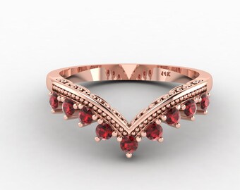 Natural Red Garnet Curved Wedding Band | 925 Sterling Silver Red Garnet Engagement Bands | Unique Garnet Anniversary Band Ring