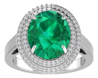 Lab Grown Emerald Engagement Ring In 14K Solid White Gold,Oval Shape Emerald & Diamond Double Halo  Ring,Unique Anniversary Gifts For Wife