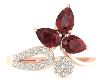 1.2Ct Natural Pear Shape Red Garnet Engagement Ring In 14K Solid Rose Gold | Red Garnet & Diamond Wedding Ring | January Birthstone