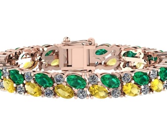 Oval Cut Yellow Sapphire & Emerald Tennis Bracelet In 925 Sterling Silver,Women's Blue Sapphire Handmade Bracelet,Anniversary Gift For Her