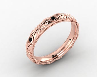 Vintage Black Onyx Engagement  Band In 14K Solid Rose Gold | Black Onyx Wedding Band Ring | Unique Anniversary Band | Gifts For Her