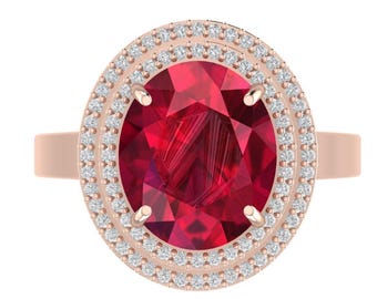 Gorgeous Oval Cut Ruby Engagement Ring In 14K Solid White Gold,Unique Ruby & Diamond Double Halo Ring,Perfect Anniversary Gifts For Wife