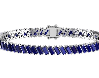 Gorgeous Baguette Shape Blue Sapphire Tennis Bracelet In 925 Sterling Silver,Unique Blue Sapphire Women's Bracelet,Anniversary Gifts For Her