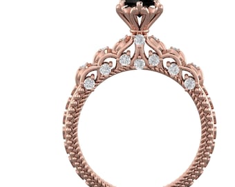 14K Rose Gold Black Diamond Ring | Vintage Crown Style Engagement Ring | Handmade Fine Jewelry