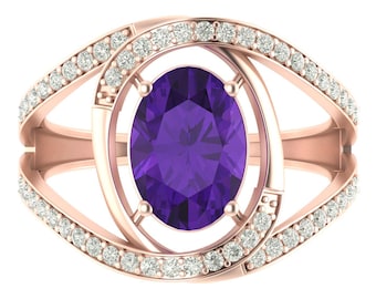 4.5Ct Oval Shape Amethyst Engagement Ring In 14K Solid Rose Gold | Amethyst & Diamond Wedding Ring | February Birthstone | Promise Rings