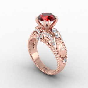 Unique Red Garnet Engagement Ring In 14K Solid Rose Gold | Vintage Red Garnet & Diamond Wedding Ring | Red Garnet Anniversary Ring