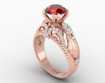 Unique Red Garnet Engagement Ring In 14K Solid Rose Gold | Vintage Red Garnet & Diamond Wedding Ring | Red Garnet Anniversary Ring
