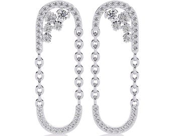 Natural Diamond Dangle Studs Earrings In 14K Solid White Gold | Unique Diamond Women's Earrings | Diamond Studs Earrings | Gifts For Her