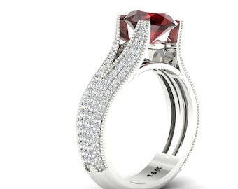 Vintage Natural Round Cut Garnet Engagement Ring In 14K Solid White Gold,Gorgeous Garnet & Diamond Ring,Gifts For Wife,January Birthstone