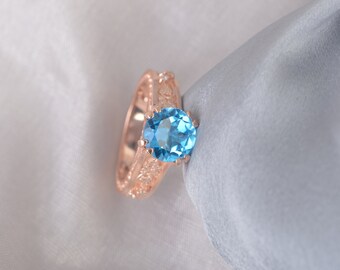 Solitaire Natural Landon Blue Topaz Engagement Ring In 14K Solid Rose Gold | Blue Topaz & Diamond Wedding Ring | Anniversary Topaz Ring |