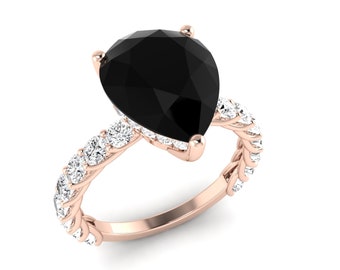 Natural Pear Shape Black Onyx Engagement Ring In 14K Solid Rose Gold,Unique Black Onyx & Diamond Wedding Ring,Anniversary Gift For Wife