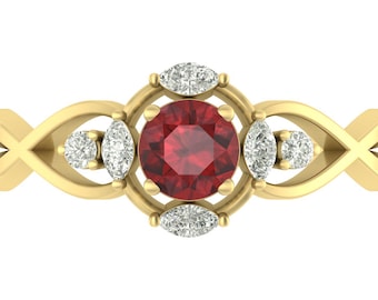 Natural Round Shape Red Garnet Engagement Ring In 925 Sterling Silver | Unique White Topaz Wedding Ring  | Anniversary Ring | Promise Ring
