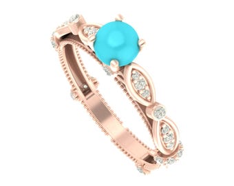 Vintage Round Shape Turquoise Engagement Ring In 14K Solid Rose Gold,Gorgeous Turquoise & Diamond Wedding Ring,Gifts For Mother,Gift For Her