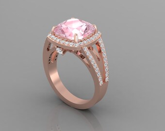 Cushion Shape Pink Morganite Engagement Ring In 14K Solid Rose Gold | Split Shank Morganite & Diamonds Wedding Ring | Anniversary Gift Her
