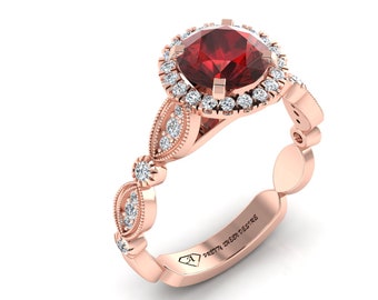 Natural Red Garnet Ring | Vintage Garnet Engagement Ring | 14K Solid Rose Gold Garnet Ring | Garnet & Diamond Ring | January Birthstone