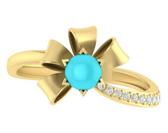 Unique Round Shape Turquoise Engagement Ring In 14K Solid White Gold,FlowerTurquoise & Diamond Wedding Ring,Gifts For Mother,Gift For Her