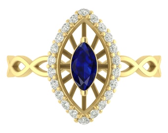 Marquise Shape Lab Grown Blue Sapphire Engagement Ring In 14K Solid Yellow Gold | Blue Sapphire & Diamond Wedding Ring | Anniversary Gifts