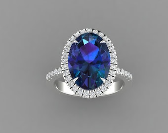 Oval Shape Alexandrite Engagement Ring In 14K White Gold | Lab Grown Alexandrite & Diamond Halo Ring | Anniversary Ring | Promise Ring