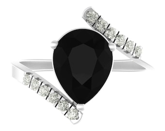 Natural Pear Shape Black Onyx Engagement Ring In 14K Solid White Gold,Unique Black Onyx & Diamond Ring,Anniversary Gift,Gifts For Mother