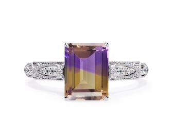 3.2Ct Natural Ametrine Engagement Ring In 14K Solid White Gold | Ametrine & Diamond Halo Ring | Bio-Colour Ametrine Wedding Ring