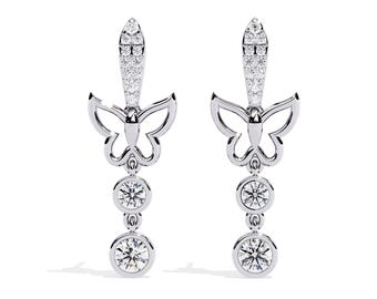 Natural Diamond Butterfly Dangle Earrings In 14K Solid White Gold | Diamond Studs Earrings| Diamond Women's Earrings | Gifts For Her