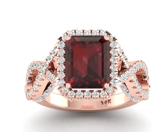 Infinity Shank Natural Red Garnet Engagement Ring In 14K Solid Rose Gold | Red Garnet & Diamond Halo Wedding Ring | January Birthstone