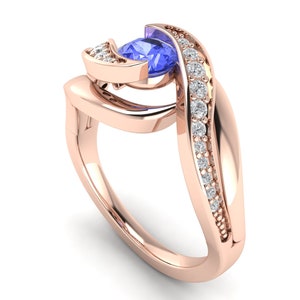 Anillo de compromiso de tanzanita natural de 1,3 ct en oro rosa macizo de 14 quilates / Anillo de bodas de tanzanita y diamante AAA / Piedra natal de diciembre / Anillo de promesa