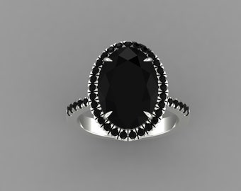 Natural Oval Shape Black Onyx Engagement Ring In 925 Sterling Silver | Unique Black Onyx Halo Ring | Onyx Anniversary Ring | Promise Ring
