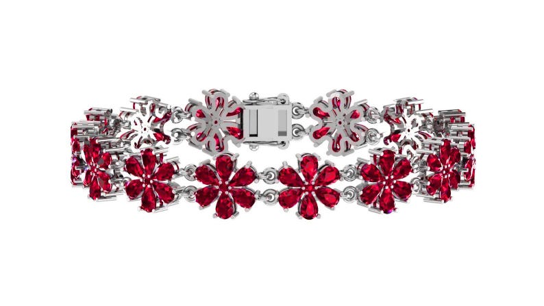 May include: A silver bracelet with a floral pattern. The bracelet is adorned with bright red gemstones, each set in a flower shape. It fastens with a rectangular clasp. The background is plain white.