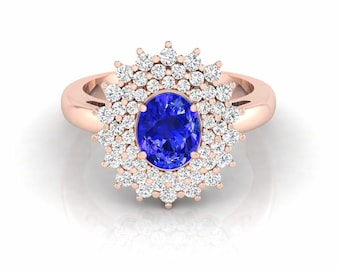 14K Rose Gold Tanzanite & Diamond Halo Ring | Natural Blue Tanzanite Engagement Ring | Vintage Style Floral Ring