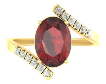 Natural Red Garnet & Diamond Ring | Garnet Engagement Ring | 14K Yellow Gold Garnet Ring  | Red Garnet Wedding Ring | January Birthstone