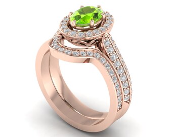 Gorgeous Natural Oval Cut Peridot Engagement Ring Set In 14K Solid Rose Gold,Peridot & Diamond Curved Band.Perfect Anniversary Gift For Her