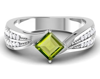 Natural Princess Shape Peridot Engagement Ring In 14K Solid White Gold | Peridot & Diamond Wedding Ring | Peridot Ring | Promise Ring