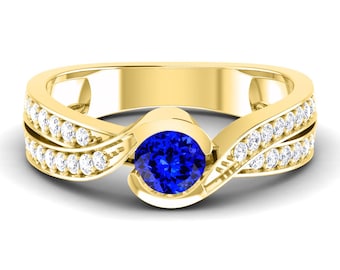 Natural Round Shape Tanzanite Engagement Ring In 14K Solid Yellow Gold | AAAA Tanzanite & Diamond Ring | Minimalist Ring | Promise Ring
