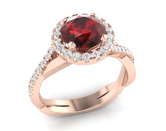 Natural Red Garnet Engagement Ring In 14K Solid Rose Gold | Natural Red Garnet & Diamond Halo Wedding Ring | Garnet Anniversary Rings