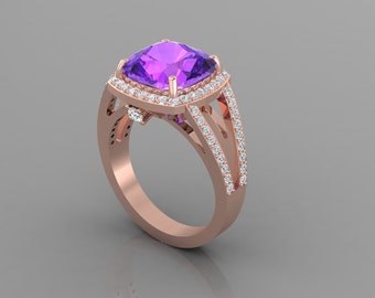 Split Shank Natural Cushion Cut Amethyst Engagement Ring In 14K Rose Gold,Gorgeous Amethyst & Diamond Halo Ring,February Birthstone Jewelry