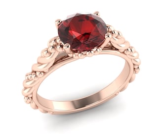 Solitaire Natural Red Garnet Engagement Ring In 14K Solid Rose Gold,Vintage Garnet Women's Ring,Perfect January Birthstone Jewelry