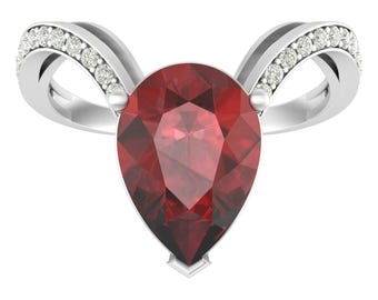 4.5Ct Natural Red Garnet & Diamond Ring | Pear Cut Garnet Engagement Ring | 14K Solid White Gold Garnet Ring  | Anniversary Ring