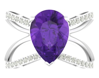 4.5Ct Natural Pear Cut Amethyst Engagement Ring 14K Solid White Gold | Amethyst & Diamond Wedding Ring | February Birthstone | Promise Ring