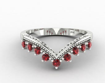 Natural Red Garnet Curved Wedding Band | 925 Sterling Silver Red Garnet Engagement Bands | Unique Garnet Anniversary Band Ring